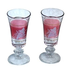 Pair of 5" tall Vtg Lubiana Italian Cranberry Red Grape Motif Cordial Glasses
